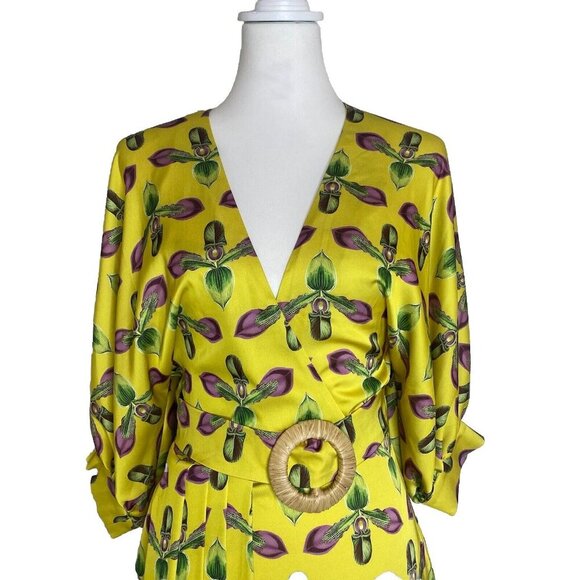 PatBo Asymmetrical Belted Floral Mini Dress Puff Sleeves Satin Yellow Size 4 - Picture 7 of 15